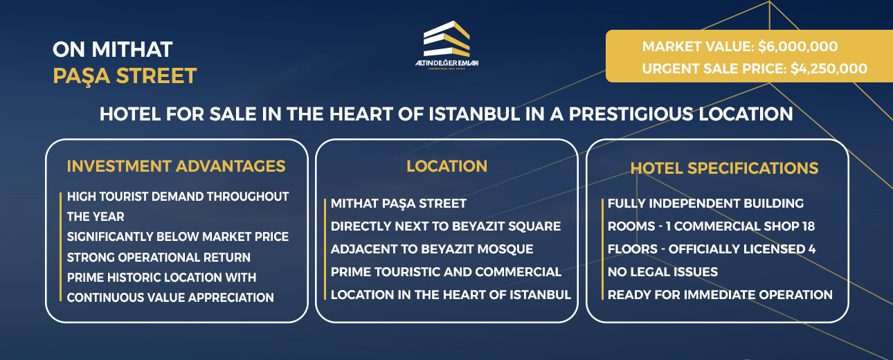 Hotel for sale in the heart of Istanbul in a prestigious location